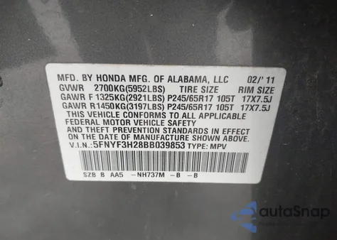 2011 Honda Pilot Lx из США, поврежденный, VIN 5FNYF3H28BB039853